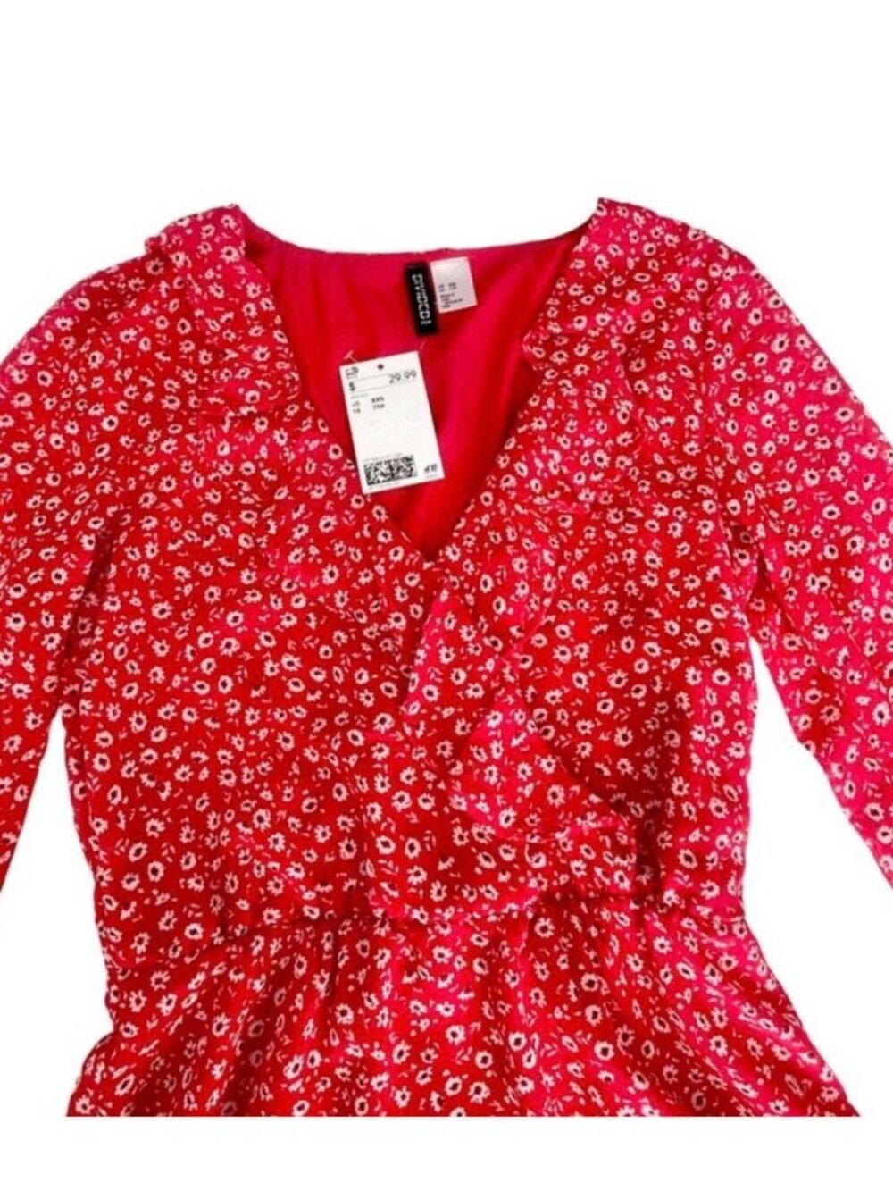 H&M Divided Red Floral Long-Sleeve Tiered Mini Dress XXS NWT - Picture 6 of 13